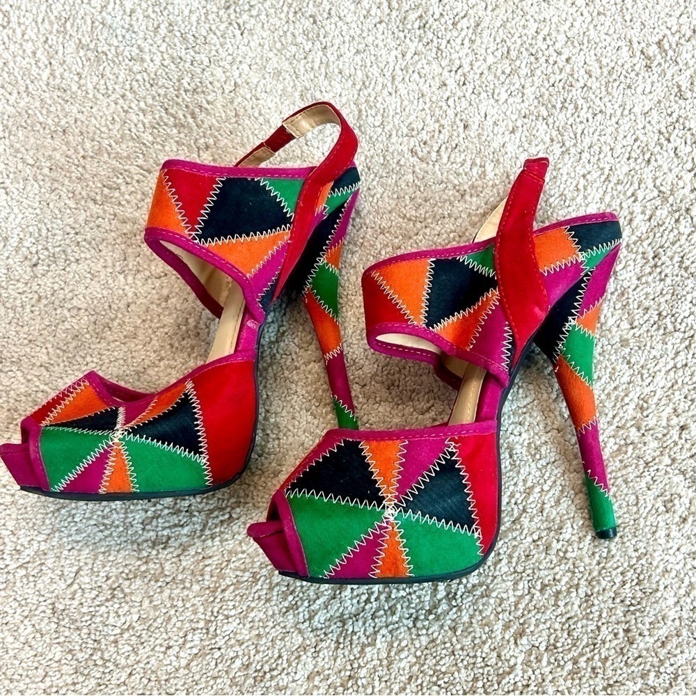 Sheikh Retro Multicolored stitched patchwork peep open toe Platform high Heels
